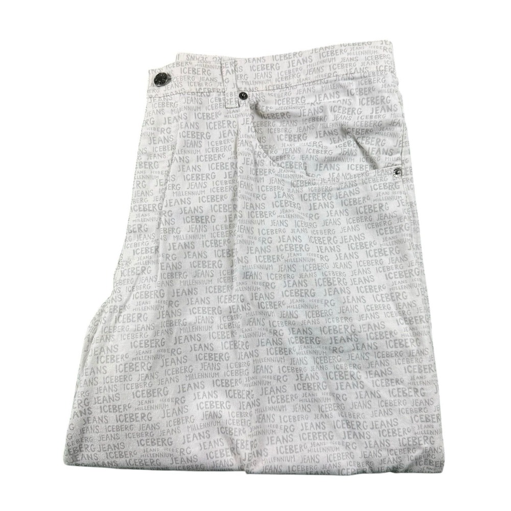 Iceberg Jeans Mens 40x32 White Gray Spellout All Over Print 90s VTG Italy